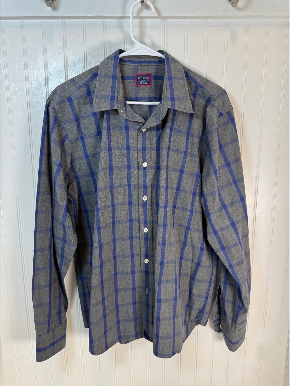 UNTUCKit Large 100% Cotton Gray and Blue Plaid Button-Up Shirt Men's